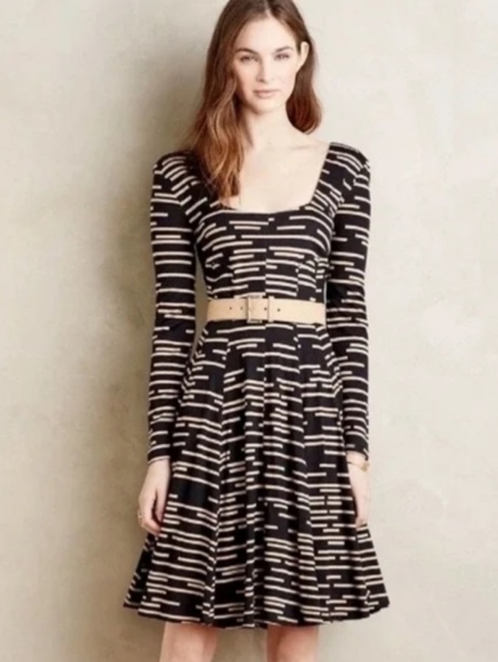 Anthro HD in Paris Saraid Swing Dress L Black Tan Striped Fit Flare Stretch NWT